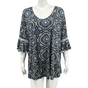 Roommates Top Womens 3X Black Blue Boho Bell Sleeve Stretch Textured Travel Work